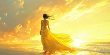 Woman in a flowing yellow dress walking on a sunlit beach at sunset.