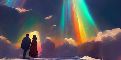 Two figures watch colorful auroras under a starry sky.