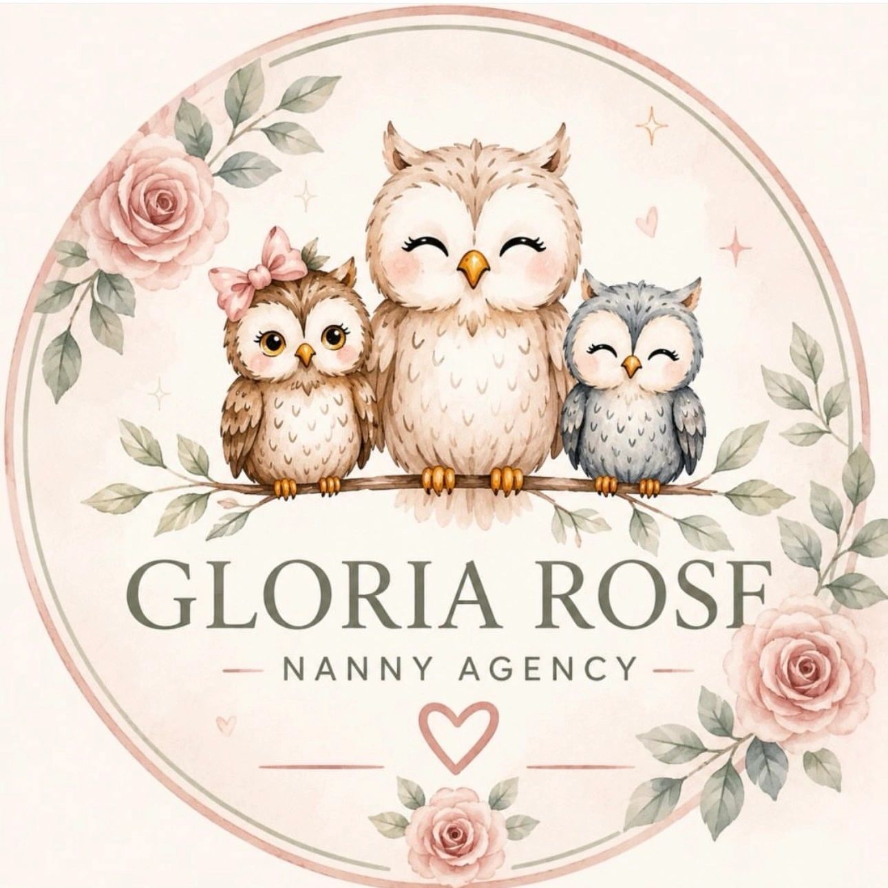 Cute owl family logo for Gloria Rose Nanny Agency with floral accents.