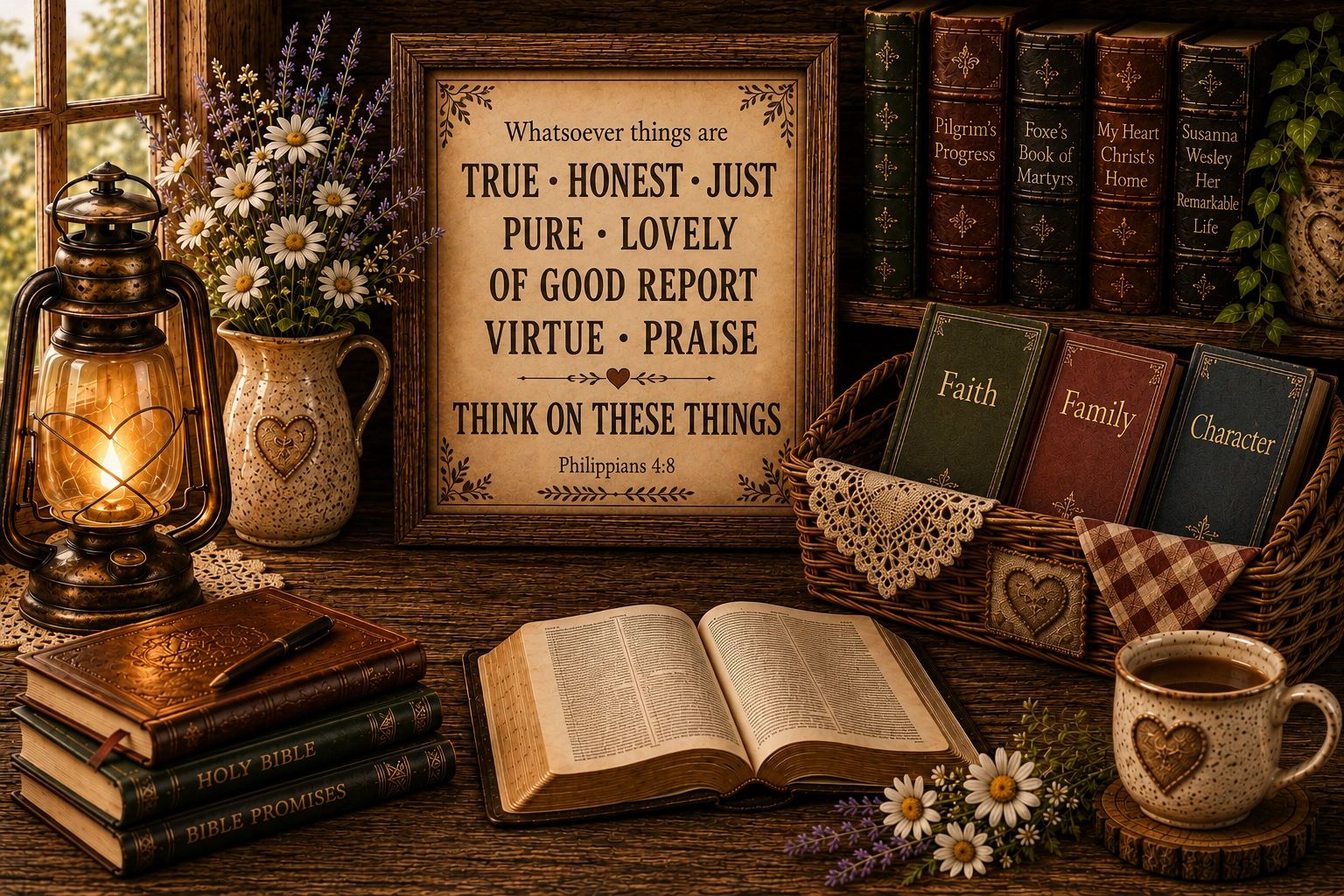 Cozy religious-themed book and decor arrangement with a Bible verse.