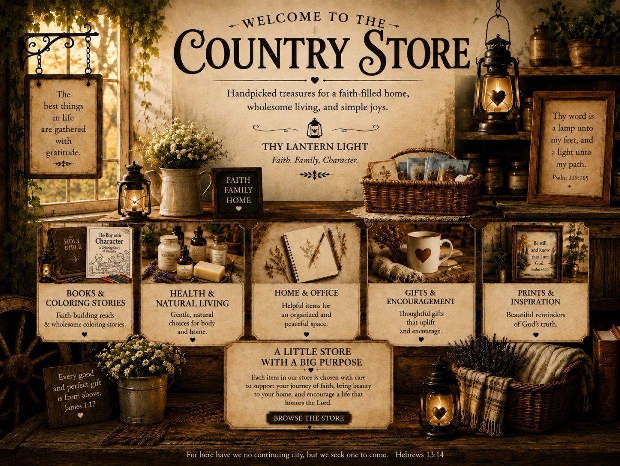 A cozy country store with faith-based treasures and inspiring items.