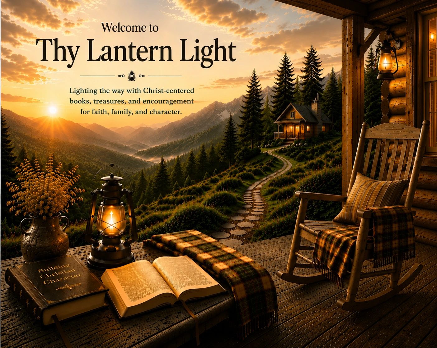 Cozy mountain porch with lantern, books, and sunset.