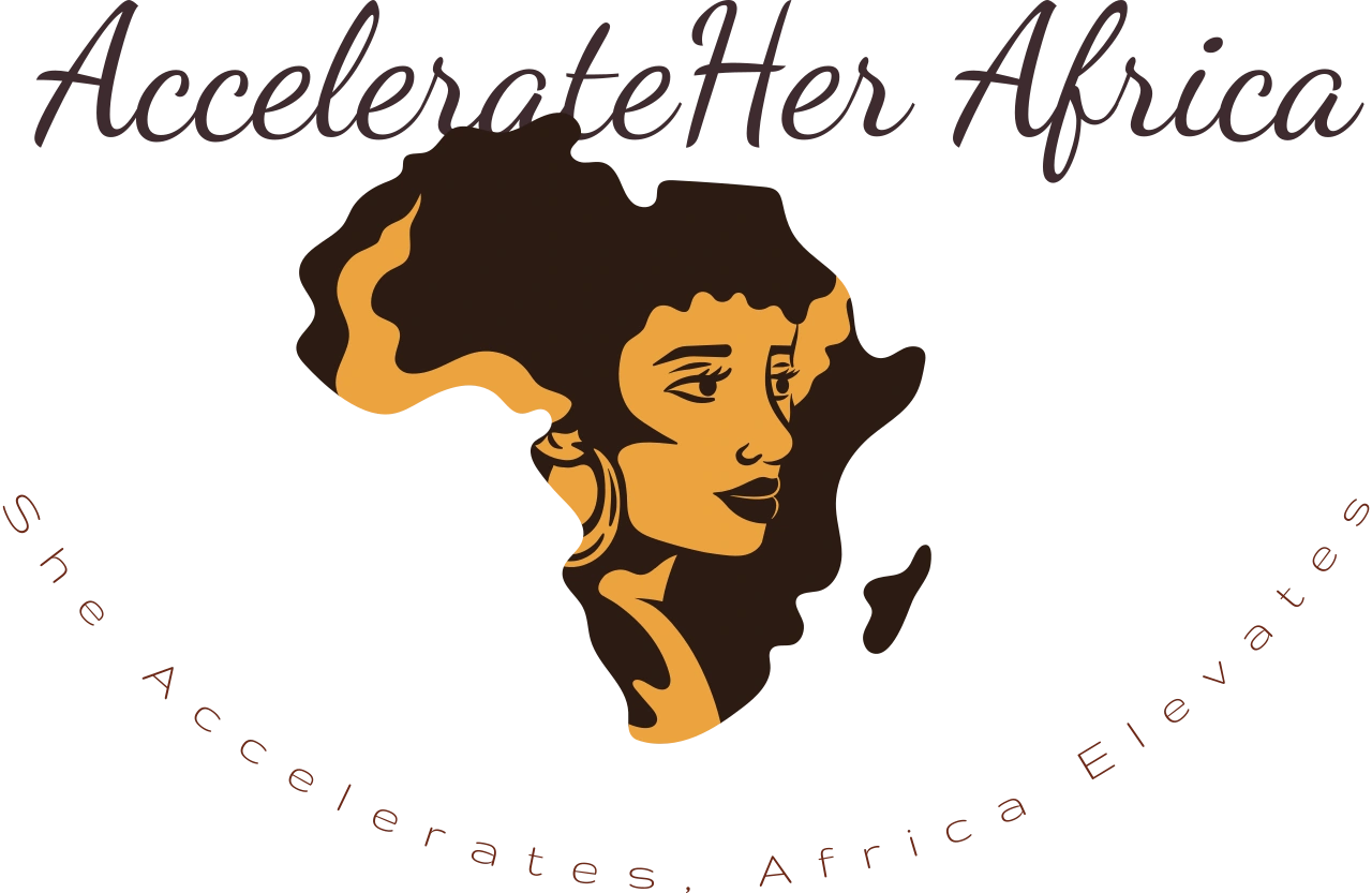 Logo of AccelerateHer Africa with a woman's face inside the African continent.