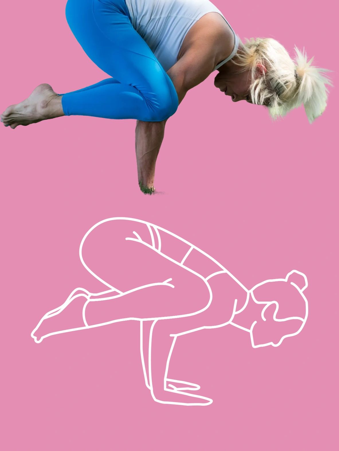 Woman performing advanced yoga pose against pink background.