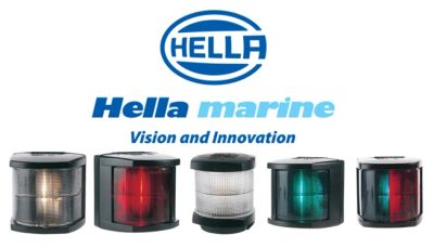 Hella Marine logo with five different navigation lights for boats.