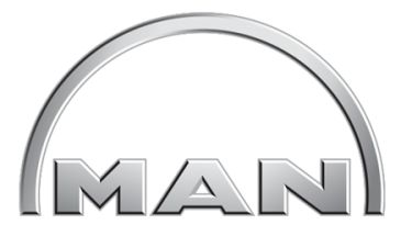 A silver metallic logo with the word 'MAN' under a silver arc.