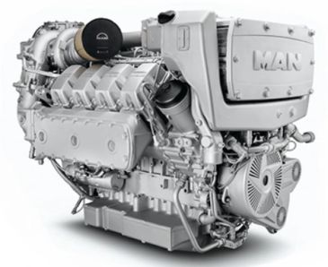 A large MAN diesel engine designed for heavy-duty use.