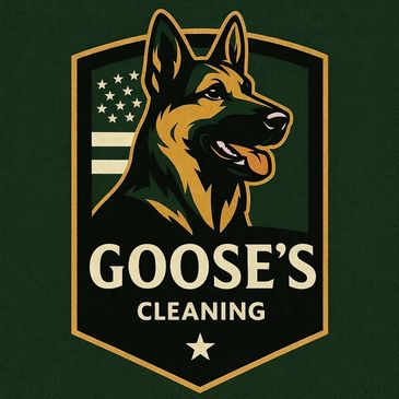 Logo of Goose's Cleaning featuring a German Shepherd and American flag.