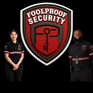 Two security guards in uniform standing beside a Foolproof Security logo.