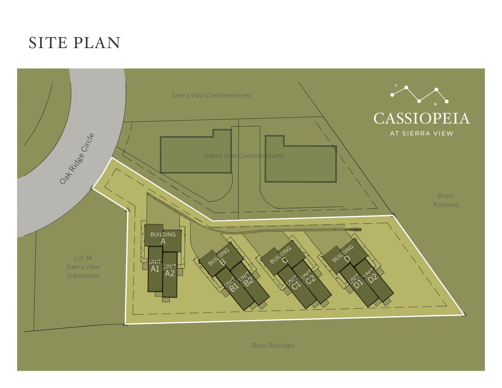 Site plan of Cassiopeia at Sierra View showing four buildings with units and surrounding areas.