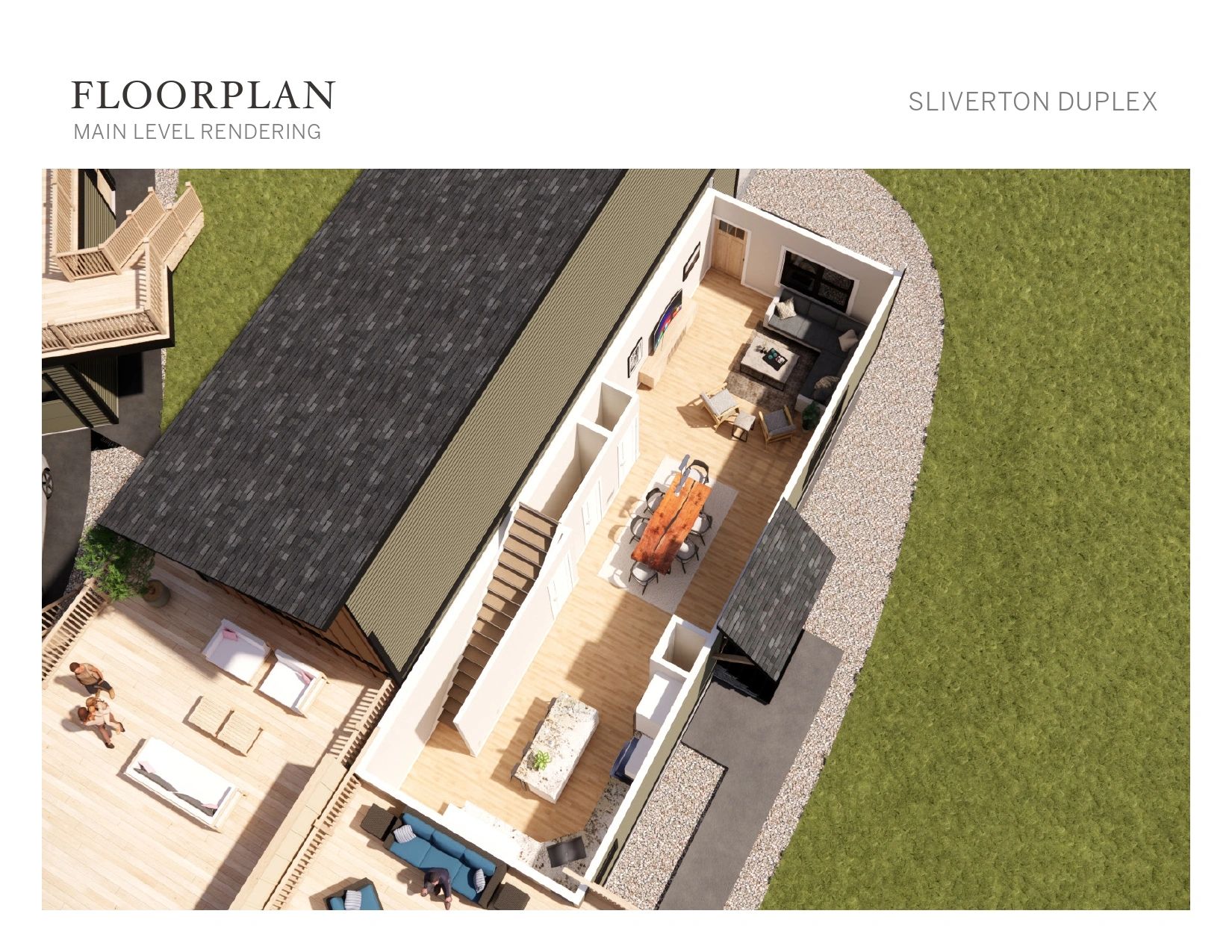 3D floorplan of Sliverton Duplex main level showing living and dining areas.
