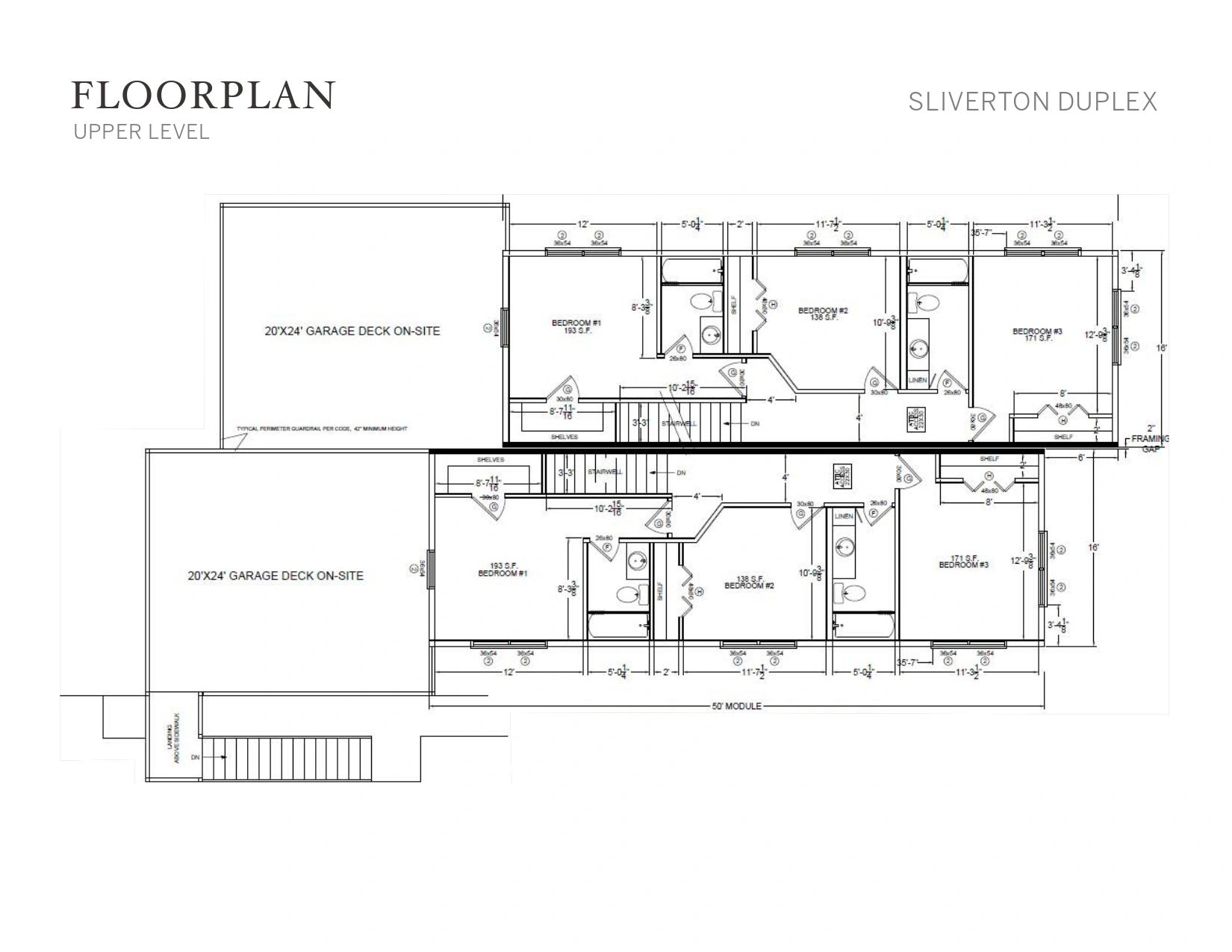 Upper level floorplan of Sliverton Duplex with three bedrooms, two bathrooms, and garage decks.