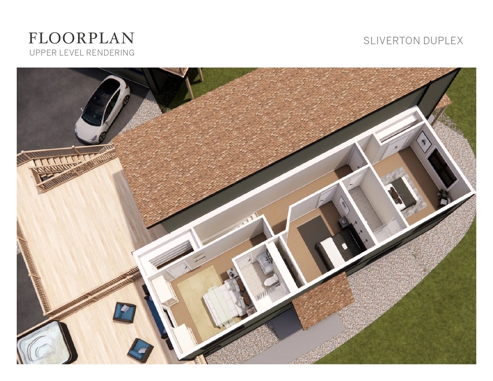 3D floorplan of the upper level of Sliverton Duplex showing bedrooms and bathroom.
