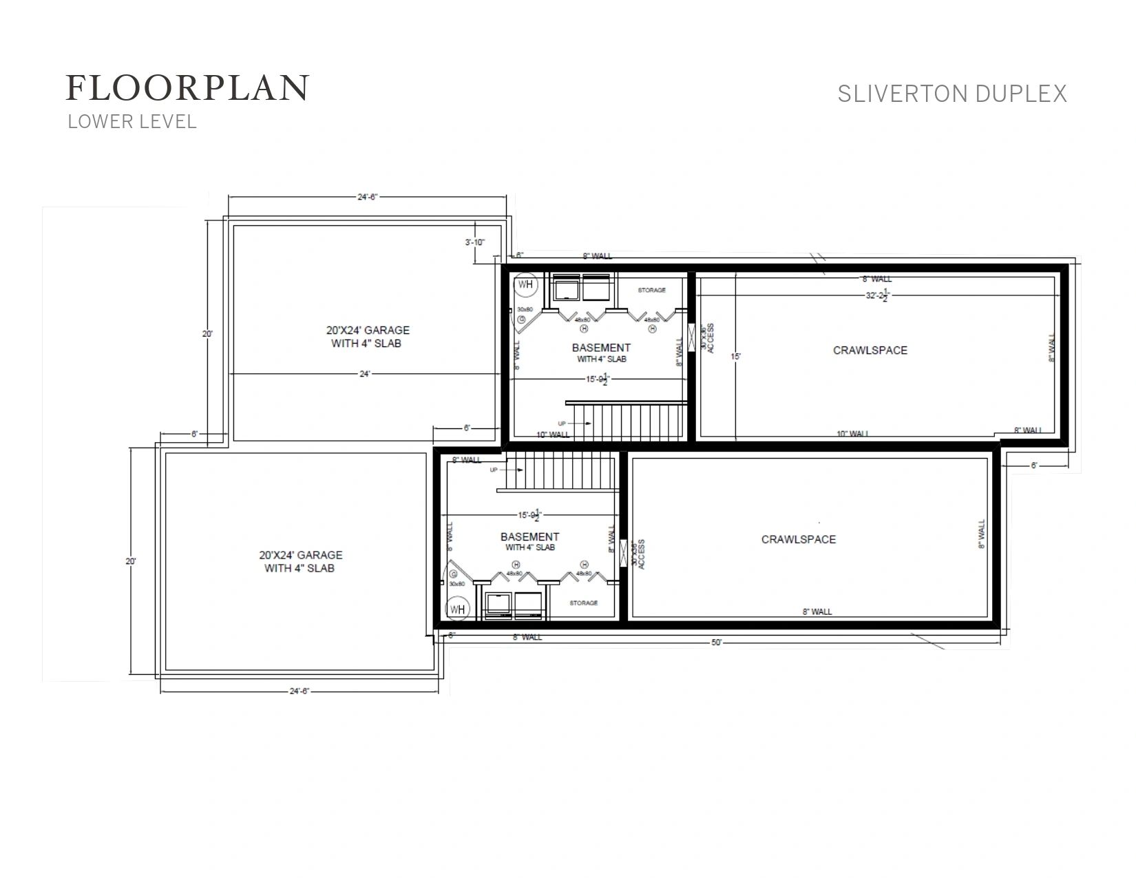 Lower level floorplan of Sliverton Duplex with garages, basements, and crawlspaces.