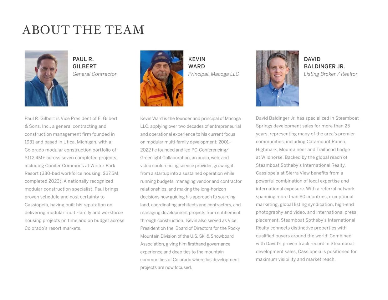 Profiles of Paul R. Gilbert, Kevin Ward, and David Baldinger Jr. with their roles and expertise.