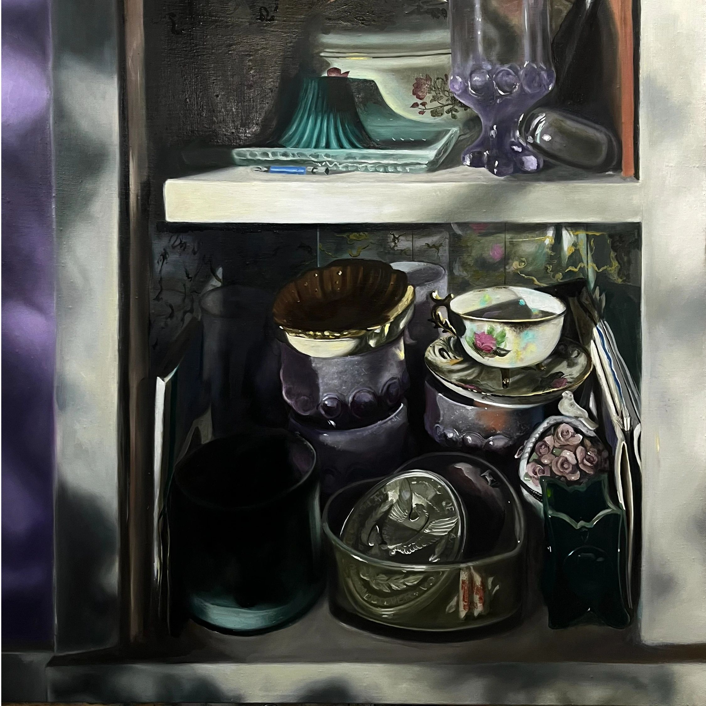 accumulation of glasses and fin china on a shelf with light and shadows