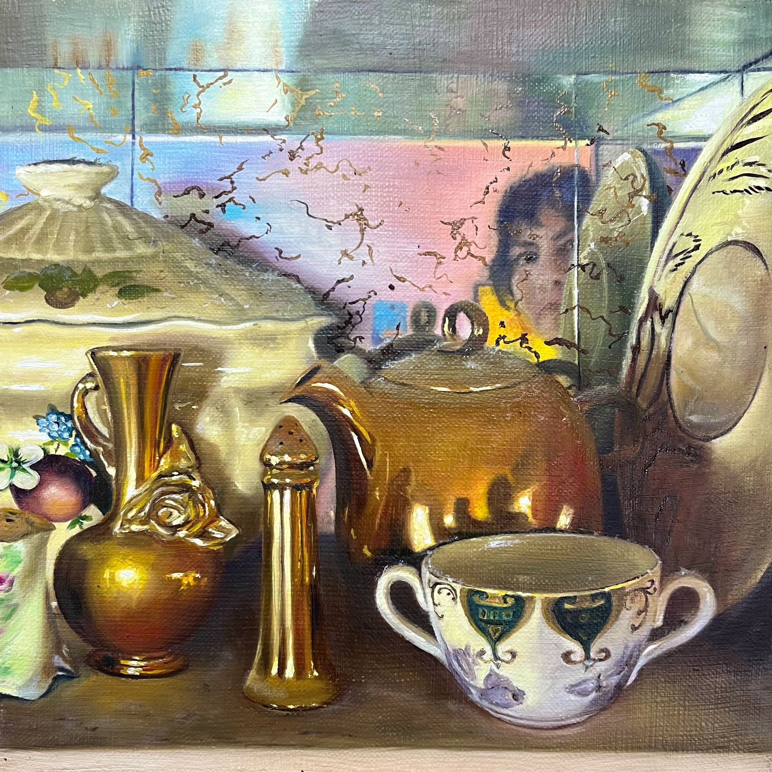 fine china items on a shelf with a mirror background showing reflection of a face