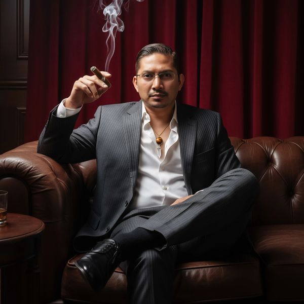 Confident man in a suit smoking a cigar on a leather couch.