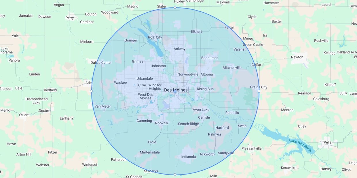 Map showing a radius around Des Moines, Iowa, with surrounding towns. CPIA Cleaning Services cleaning areas for commercial cleaning and residential cleaning 