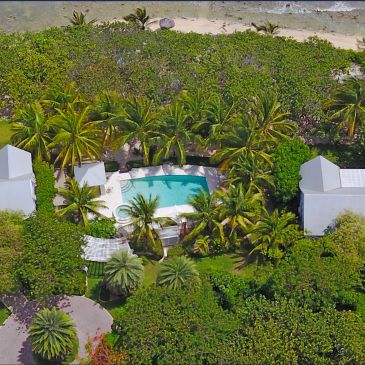 Aerial view of a tropical villa with a pool surrounded by lush greenery and palm trees.