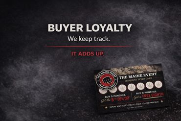 A loyalty card for "The Maine Event" with punch stamps and promotional text.