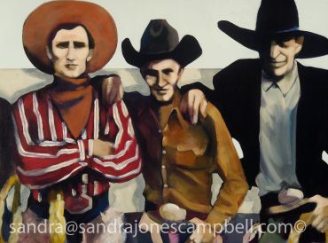 Three men in cowboy hats posing together.