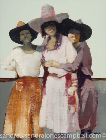 Painting of three women wearing hats and colorful dresses.