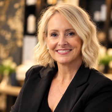 Smiling woman with blonde hair in a black blazer.