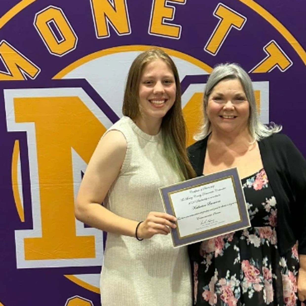 The winner of the 2024 scholarship Katherine Simmons from Monett High School with Brenda Mckinney.