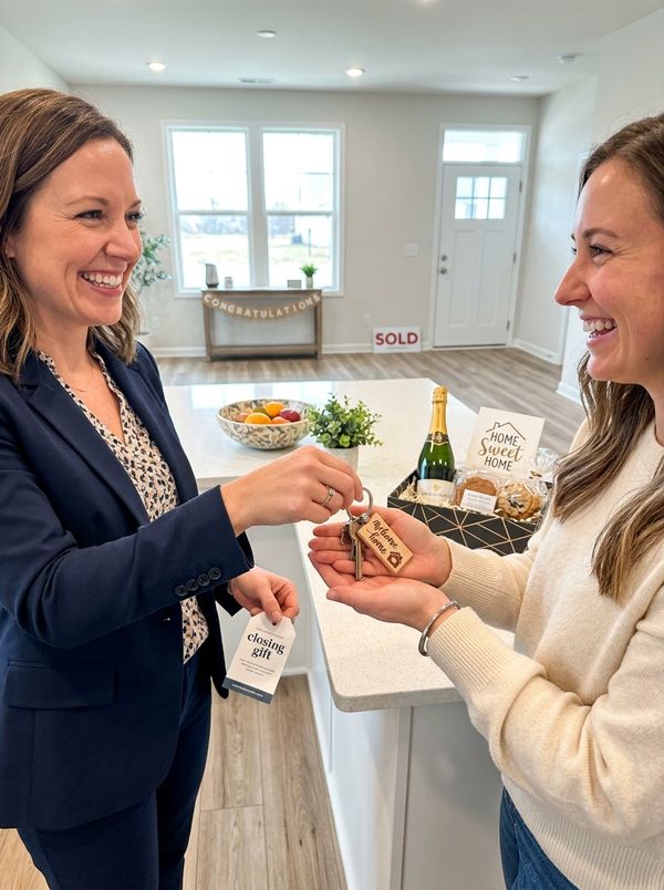 Two smiling women exchanging house keys in a new home celebration.