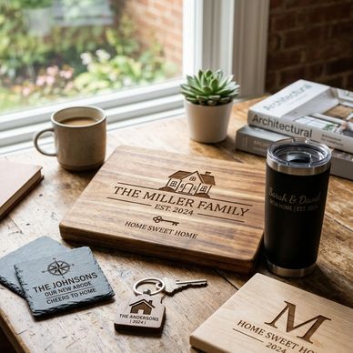 Personalized wooden home decor and gifts on a rustic desk near a window.