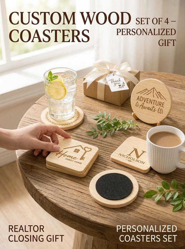 Custom wood coasters set of 4 for personalized gifts and realtor closings.