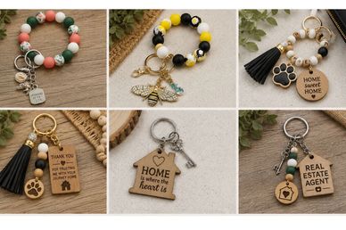 Six different keychains with beads and charms, including home and pet themes.