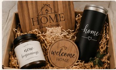 A cozy gift box with home-themed wooden items and a candle.