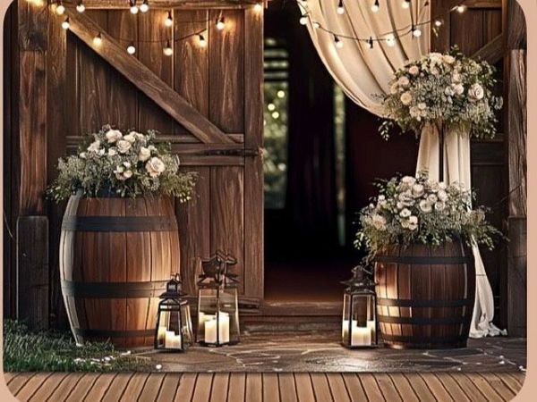 A medium shot captures a rustic yet elegant wedding decoration setup, likely for an outdoor.