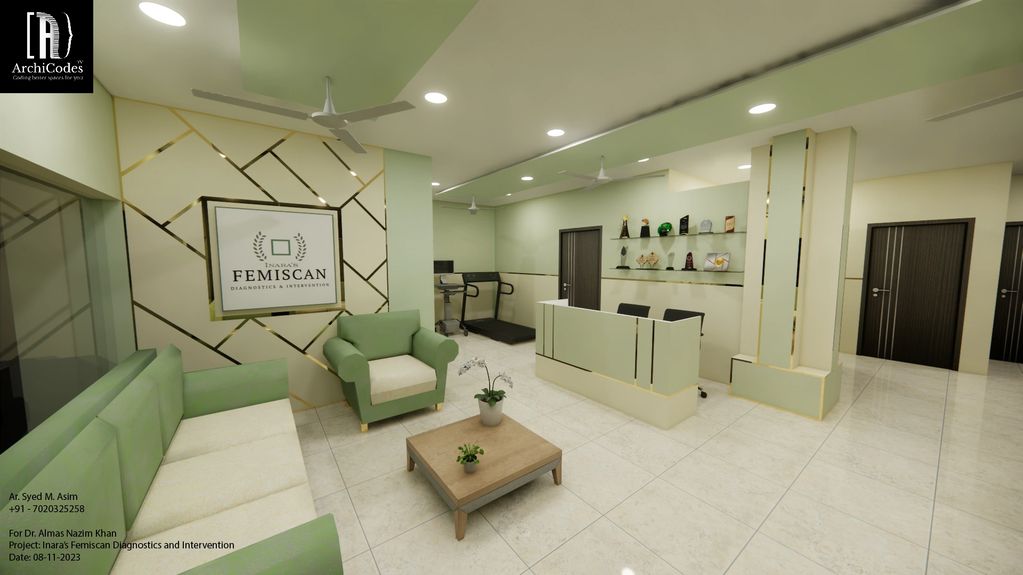 Interior Design project for Dr. Almas Nazim located in Nagpur. 3D image render of the project.