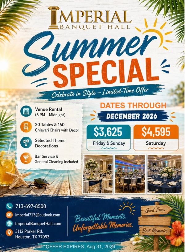 Imperial Banquet Hall Summer Special offers venue rental with decor, service, and cleaning through December 2026.