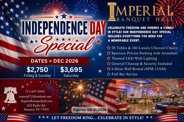 Independence Day Special event at Imperial Banquet Hall with festive offers and amenities.