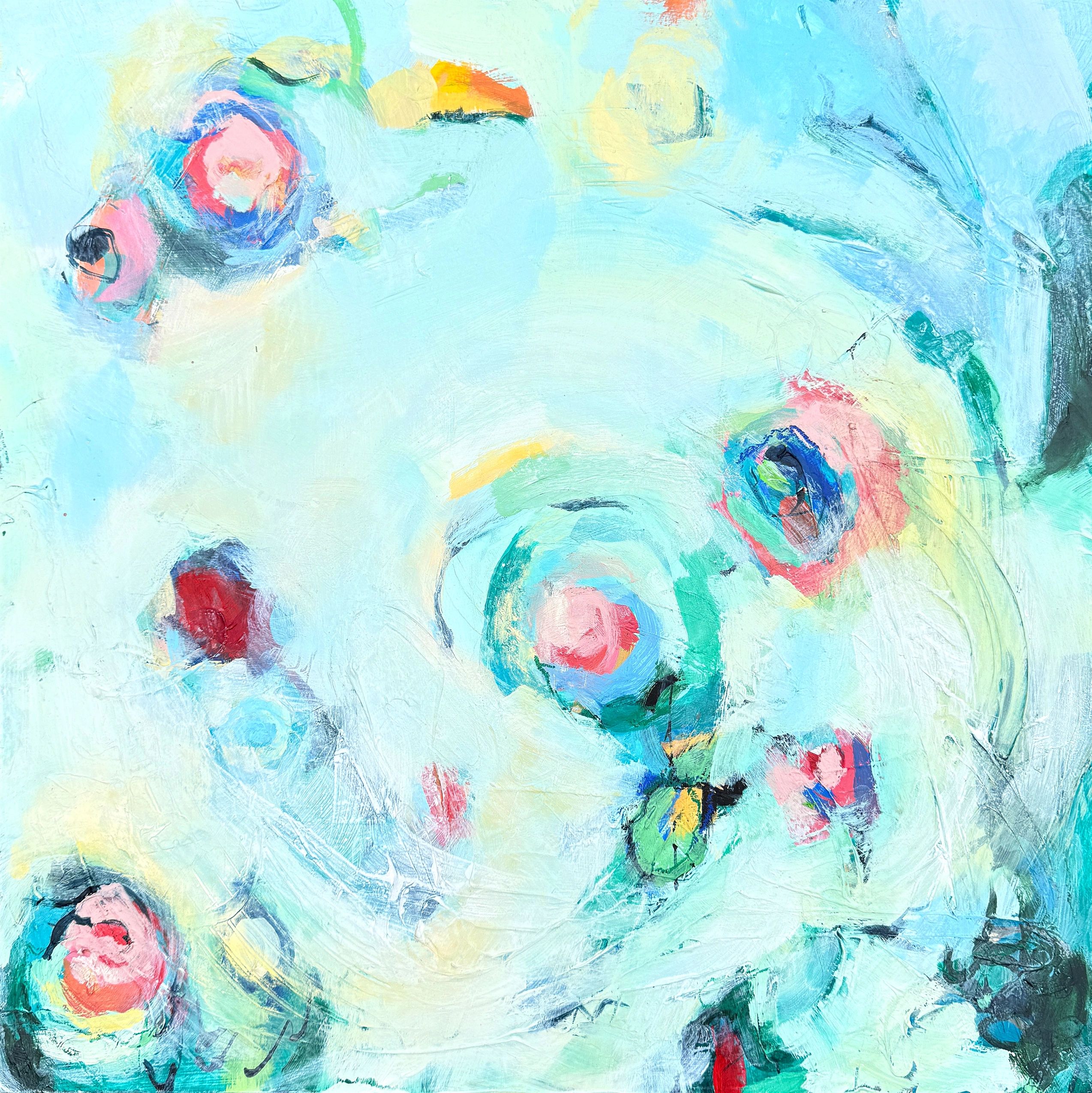 Abstract pastel painting with swirling floral patterns and soft blue background.