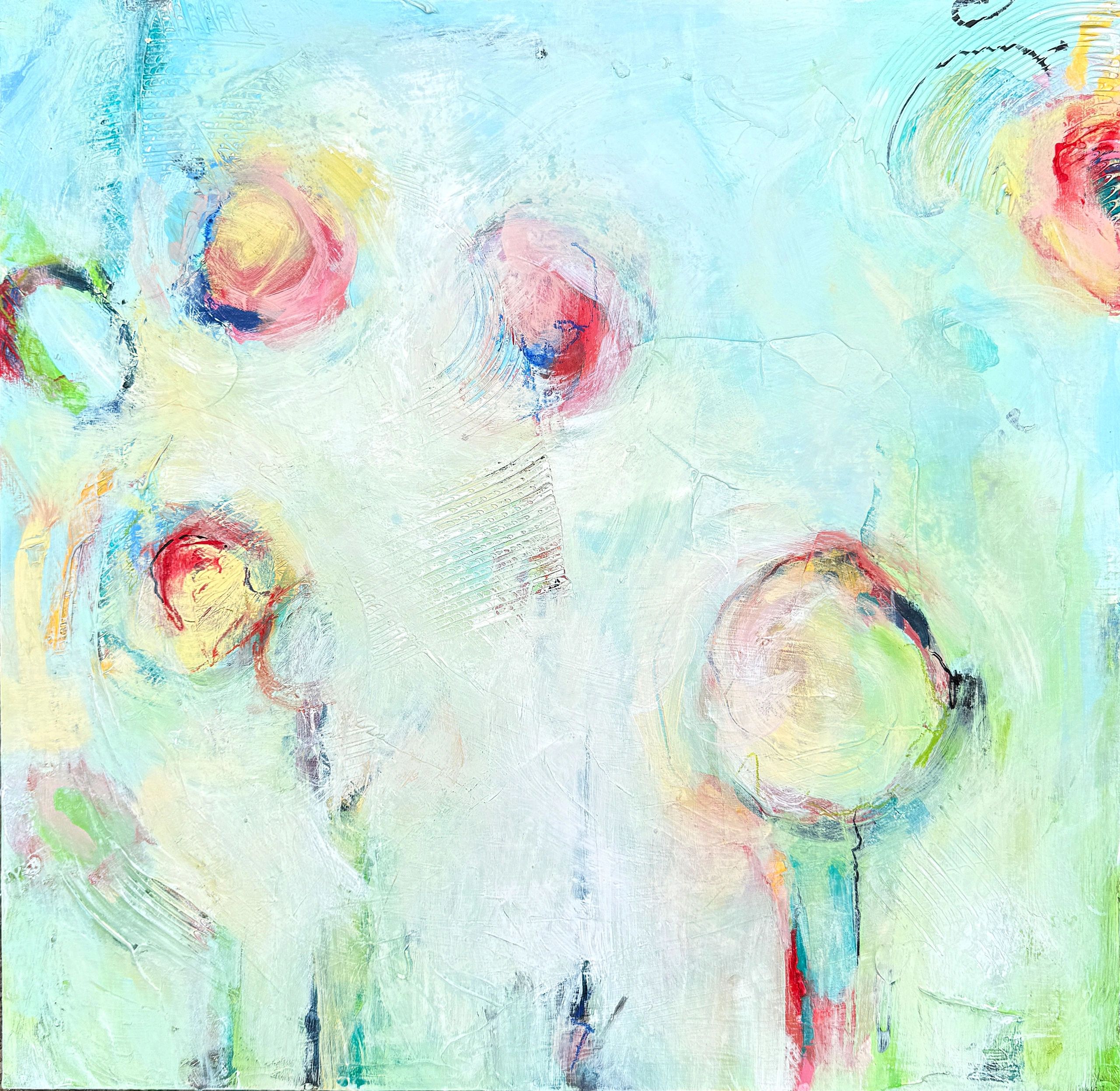 Abstract painting with pastel colors and circular patterns.