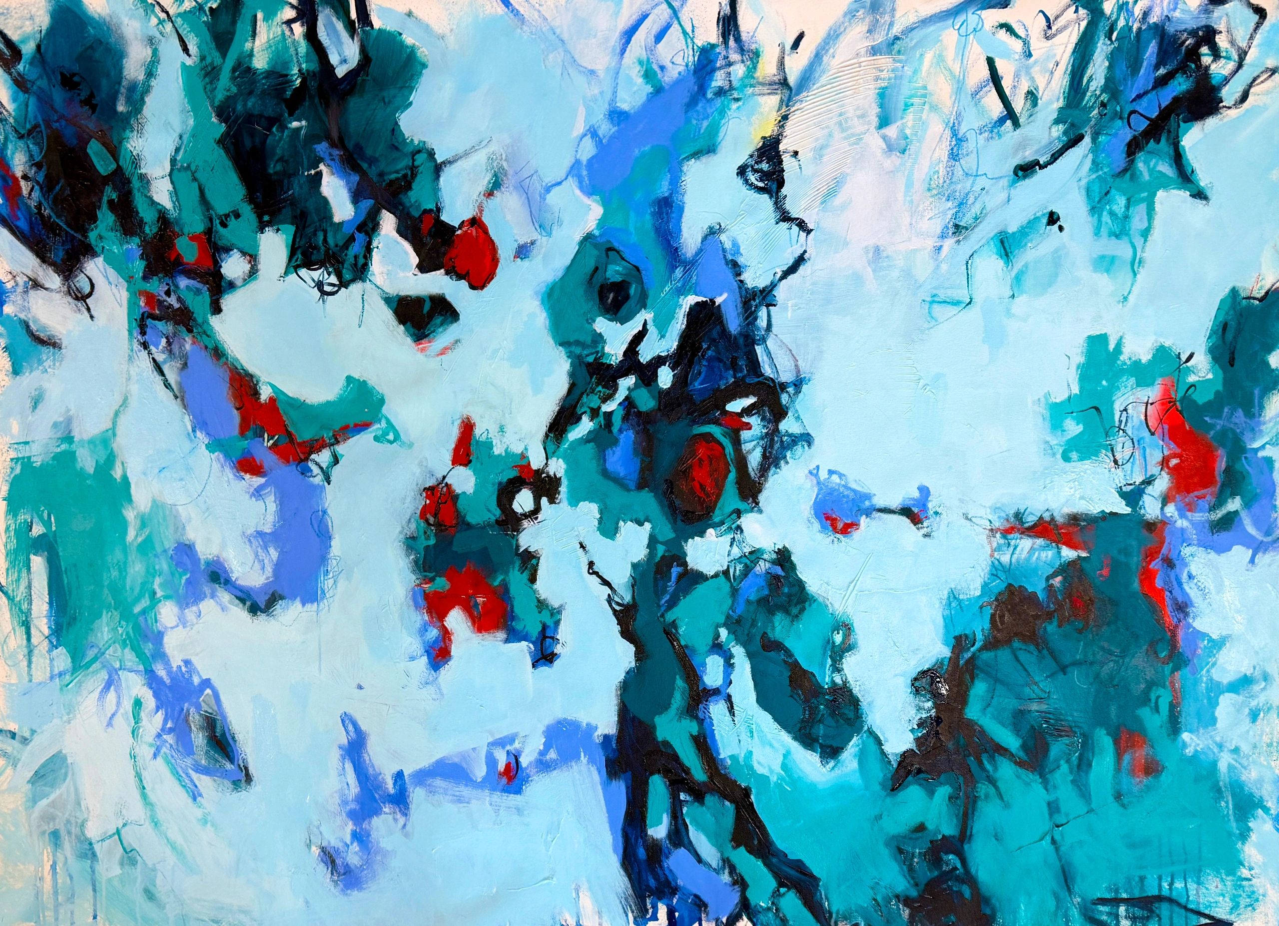 Abstract painting with vibrant blues, reds, and black brushstrokes.