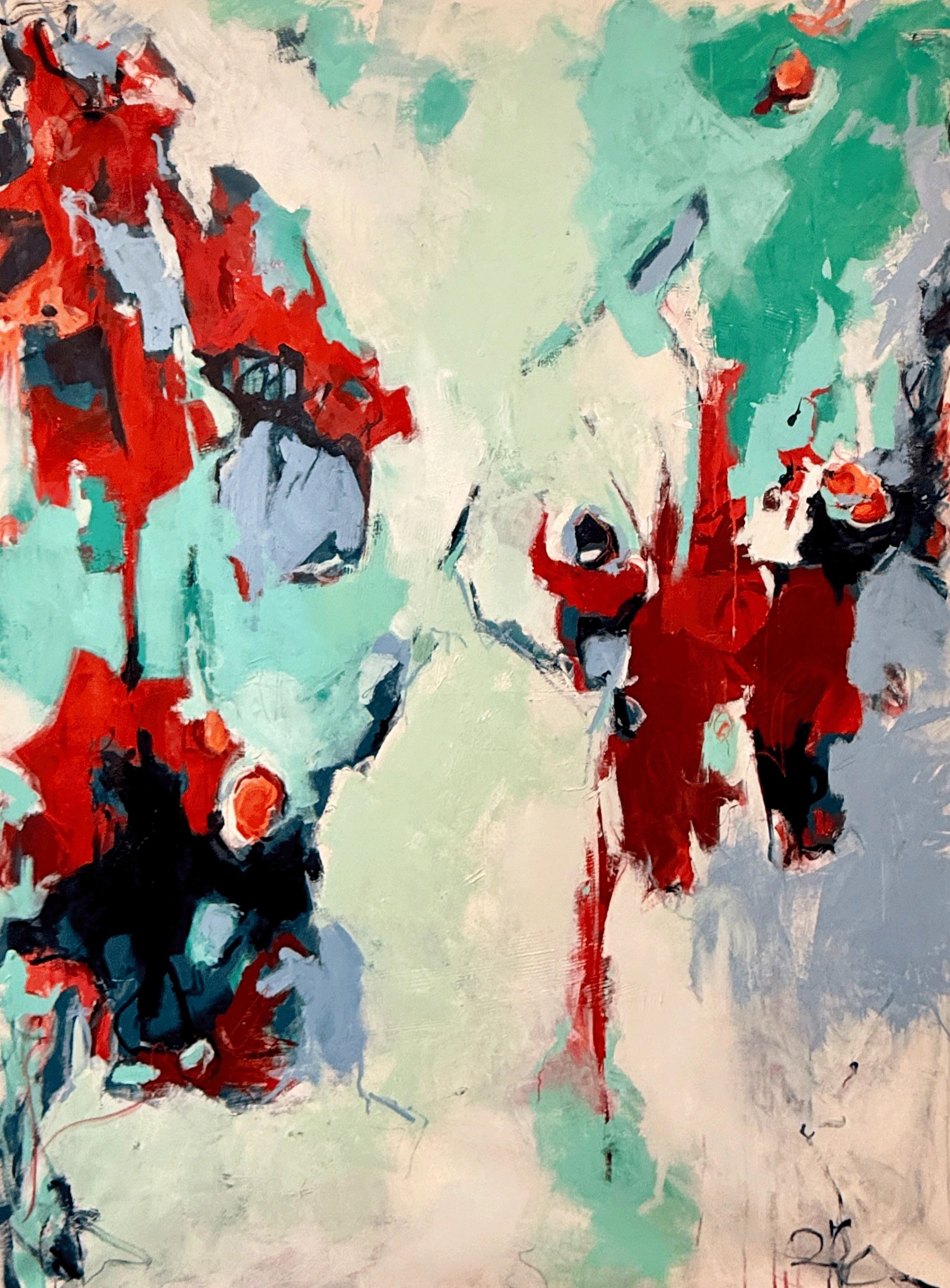 Abstract painting with bold red, teal, and black shapes on a pale background.