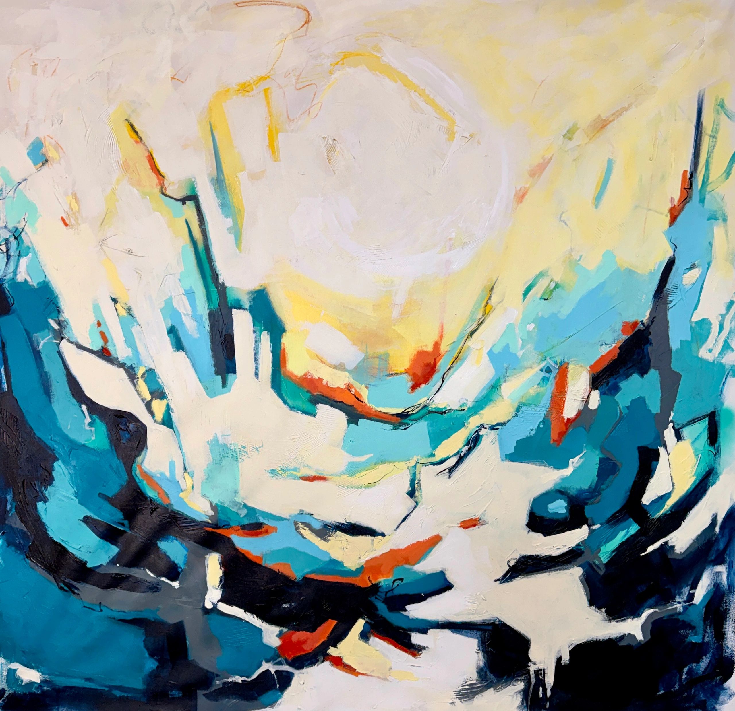 Vibrant abstract painting with blues, yellows, and touches of orange and black.