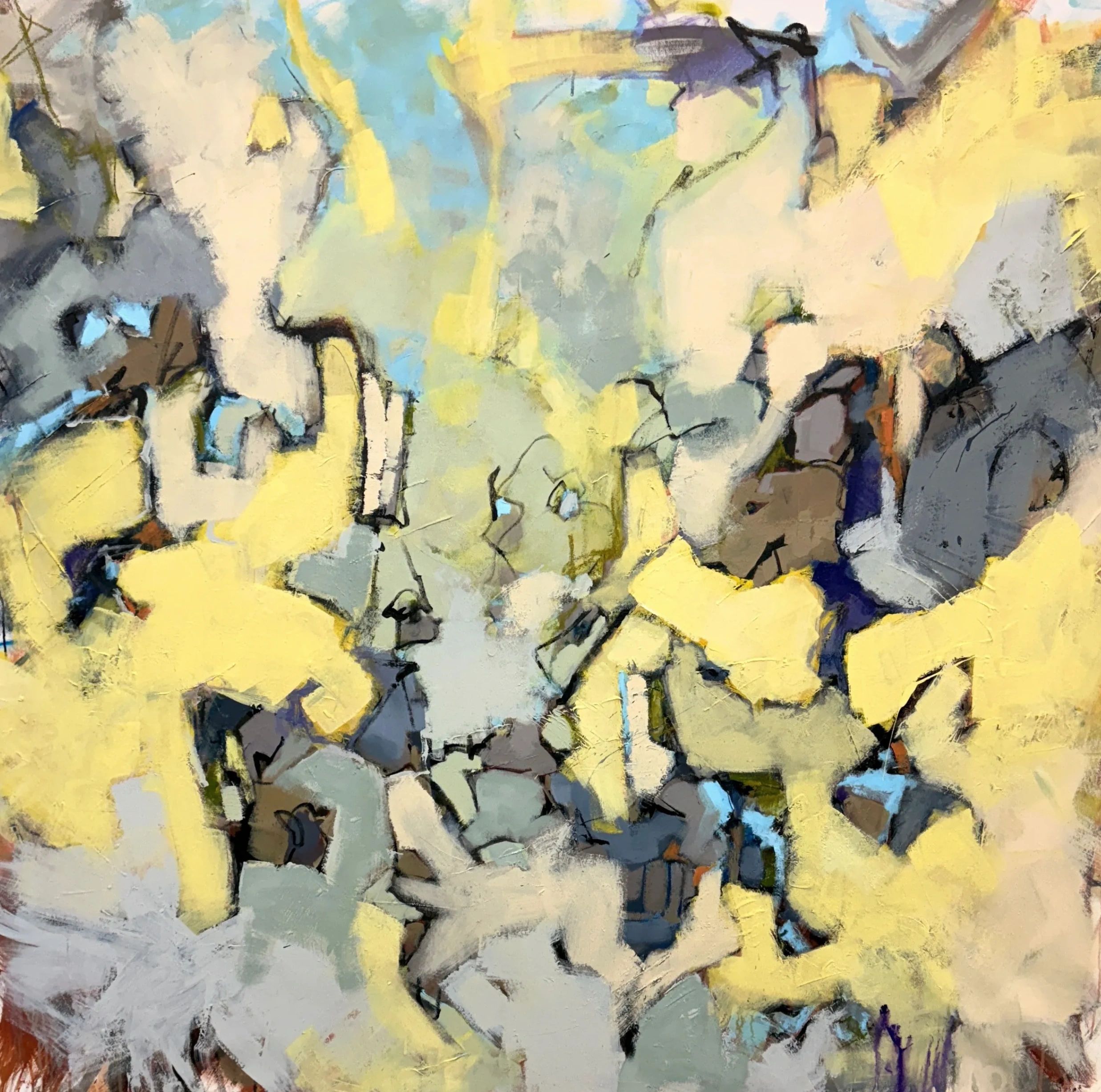 Abstract painting with yellow, blue, and gray tones.