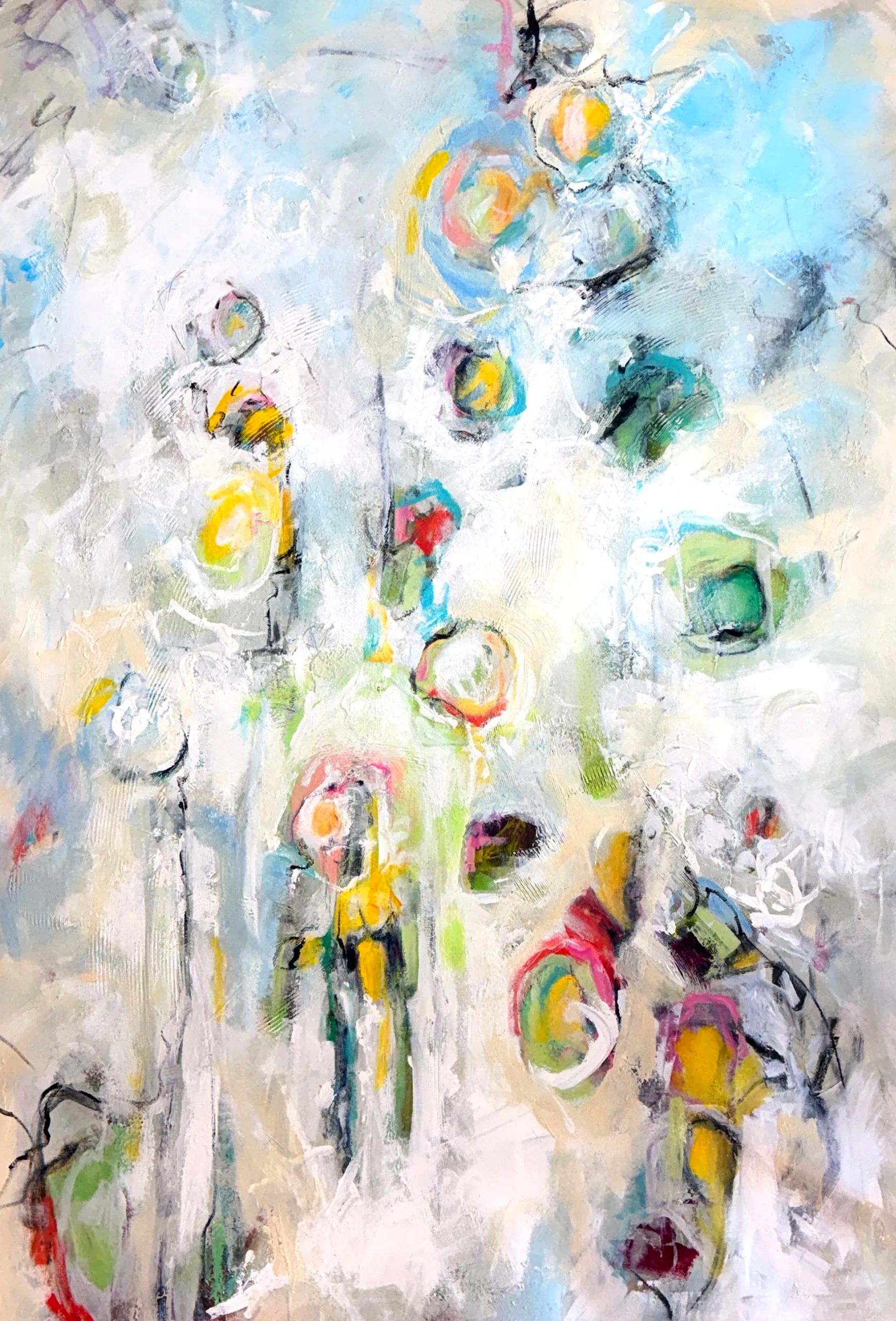 Abstract painting with pastel swirls and bold accents.