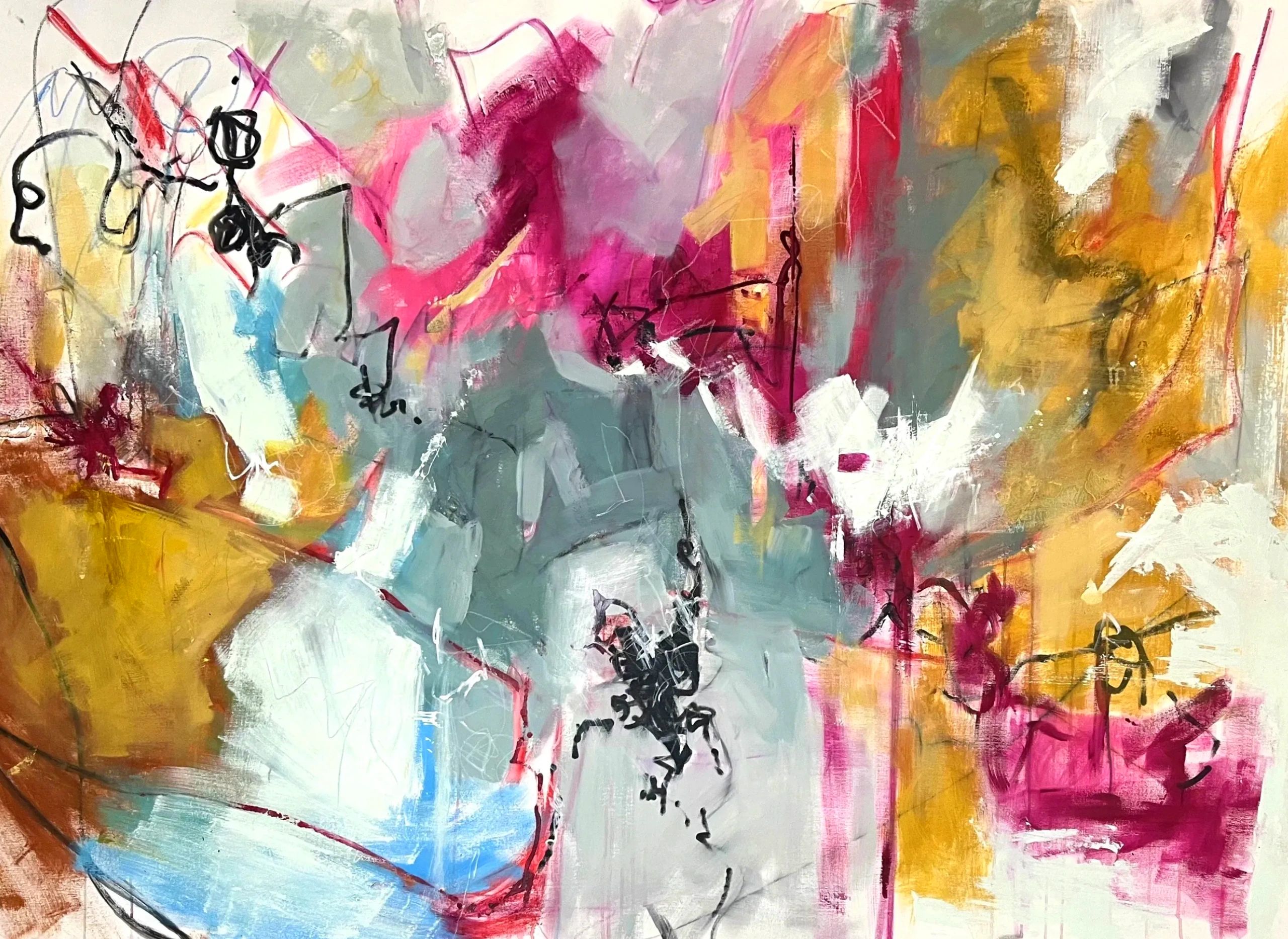 Abstract painting with vibrant colors and expressive black strokes.