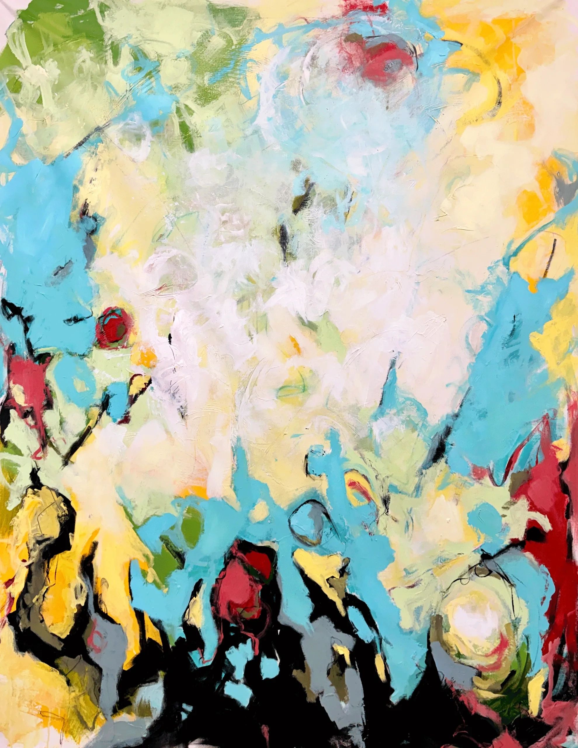 Colorful abstract painting with blues, yellows, greens, and reds.