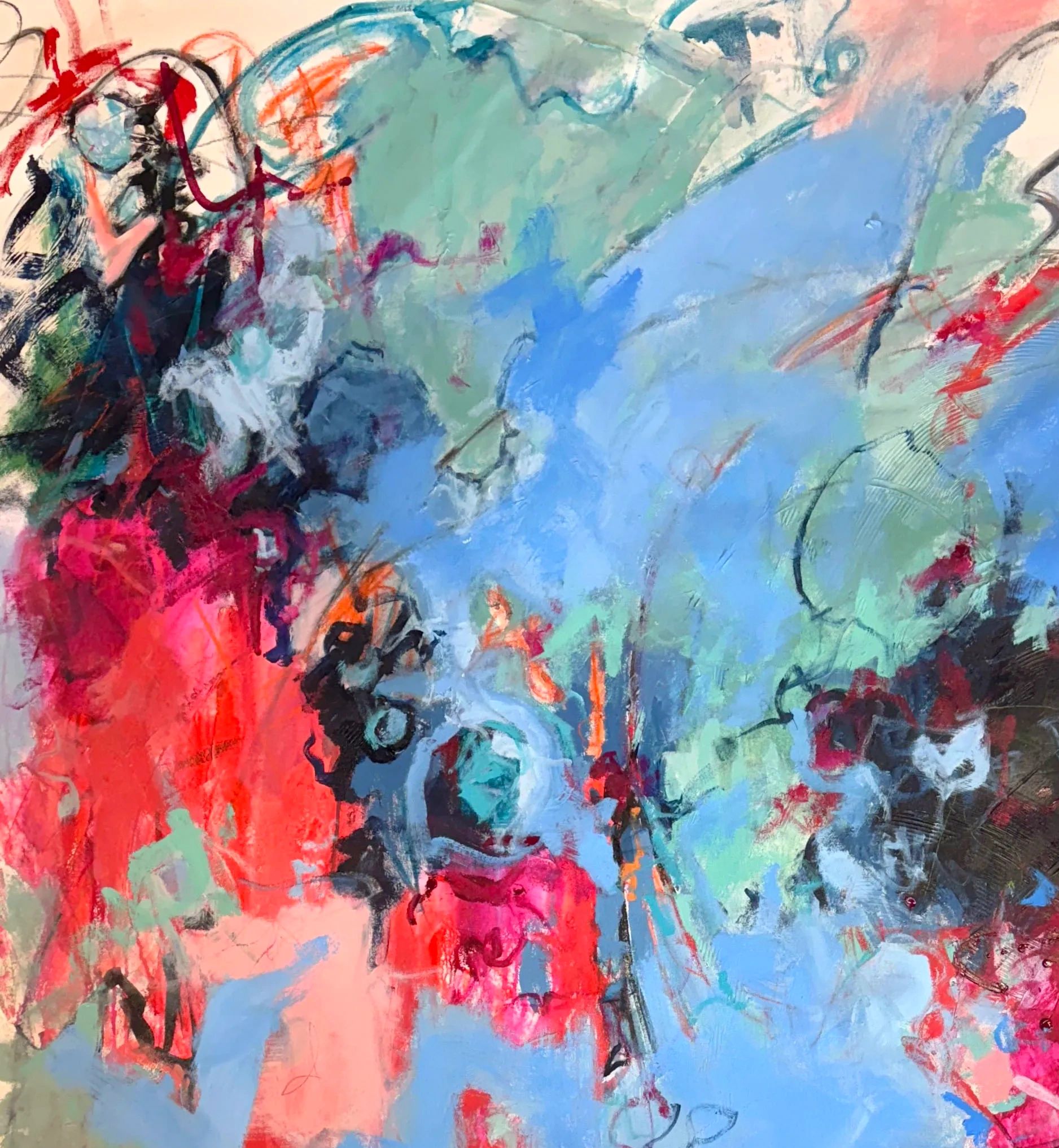 Abstract painting with vibrant reds, blues, and greens.