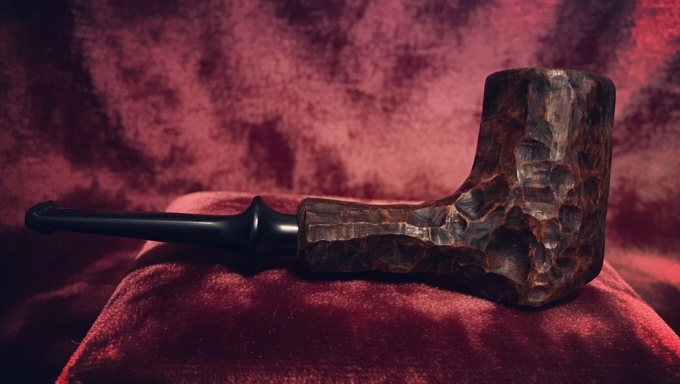 Rustic wooden smoking pipe with textured finish on a red velvet surface.
