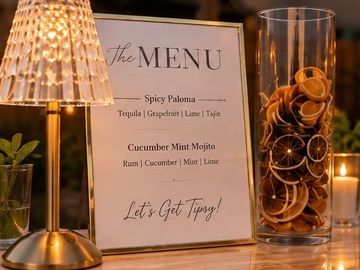 Elegant cocktail menu and decor.